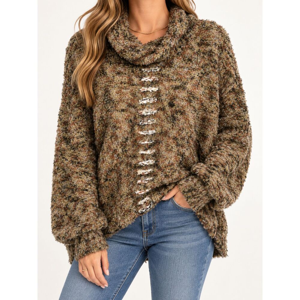 BKE Womens Small Cowl Neck Sweater Fuzzy Textured Brown Olive Pullover NWT
